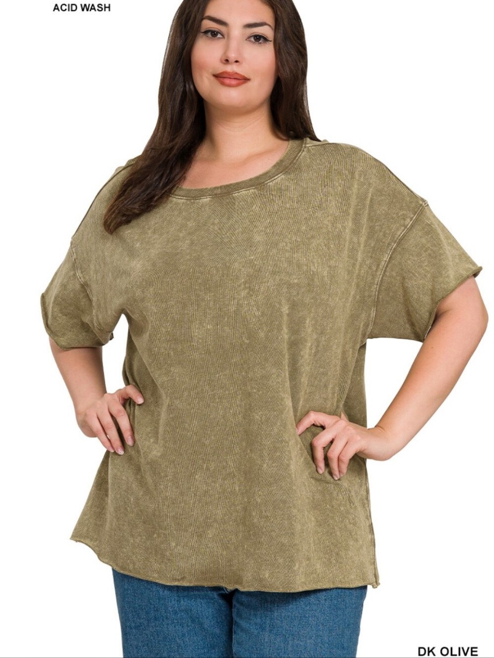 New Zenana Dark Olive Acid Wash French Terry Top Plus Size